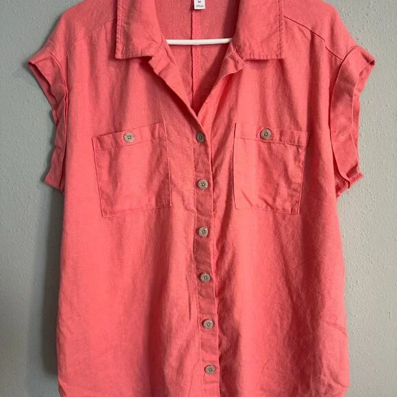 Isabel Ingrid & Isabel Linen Blend Button Up Shirt Womens M Pink Short Sleeve - Picture 2 of 8